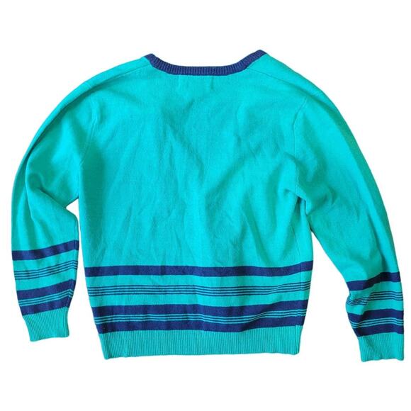 BEDFORD FAIR Womens Blue Silk Turquoise Cardigan Sweater Medium Striped V-Neck - Picture 6 of 9